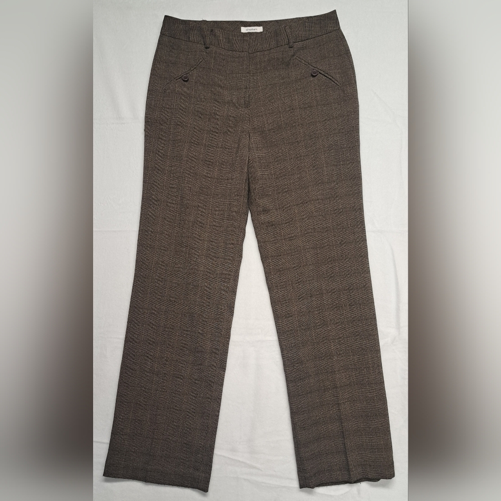 Dressbarn Trousers 10 Brown Plaid Zipper Fly Clip Closure Front Pockets Stretch